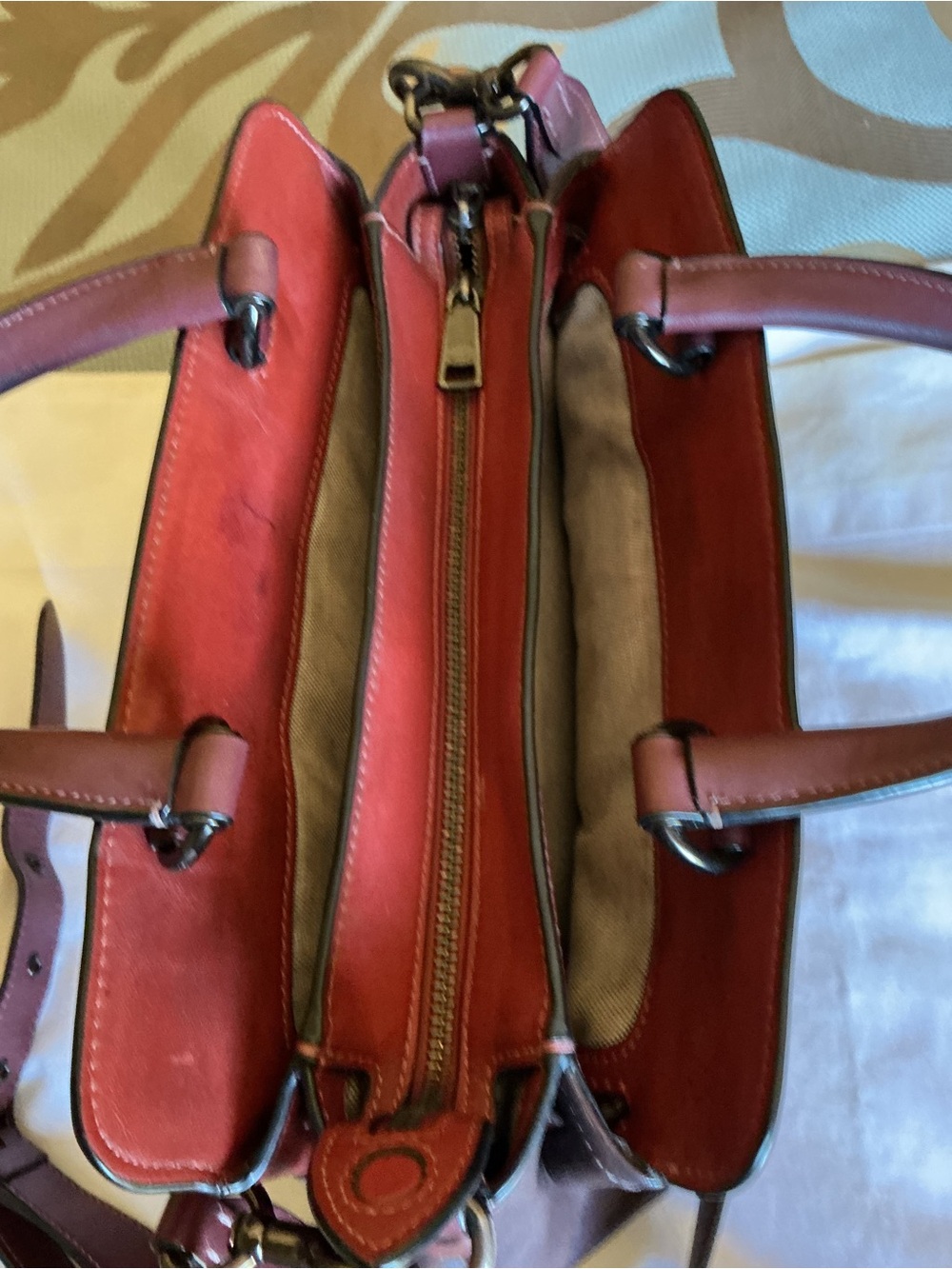 Coach Tate Carryall Two-Tone Brown and Burgundy Leather Crossbody - Picture 8 of 15